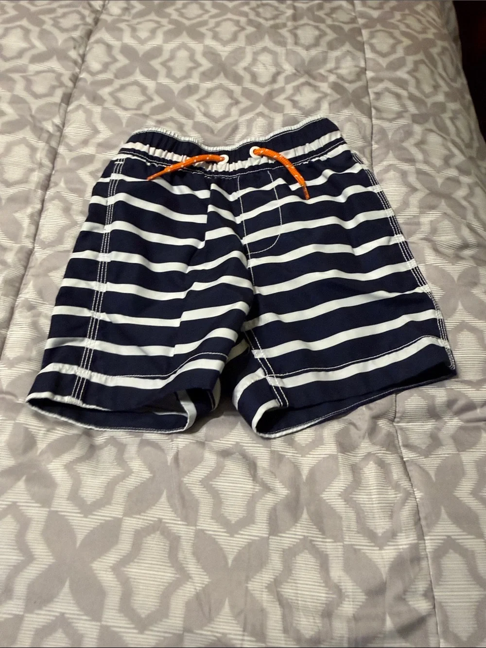GAP KIDS Boys Navy & White Striped Swim Shorts with Orange Drawstring